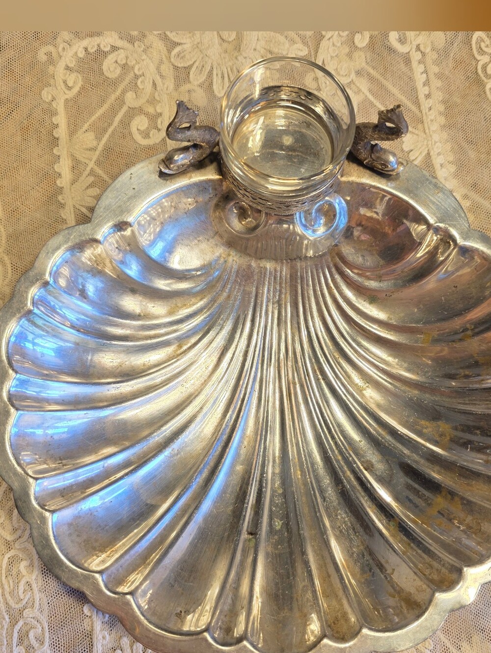 Antique Israel Freeman & Sons IFS Silvertone Clam Shell Server w/ Dolphins